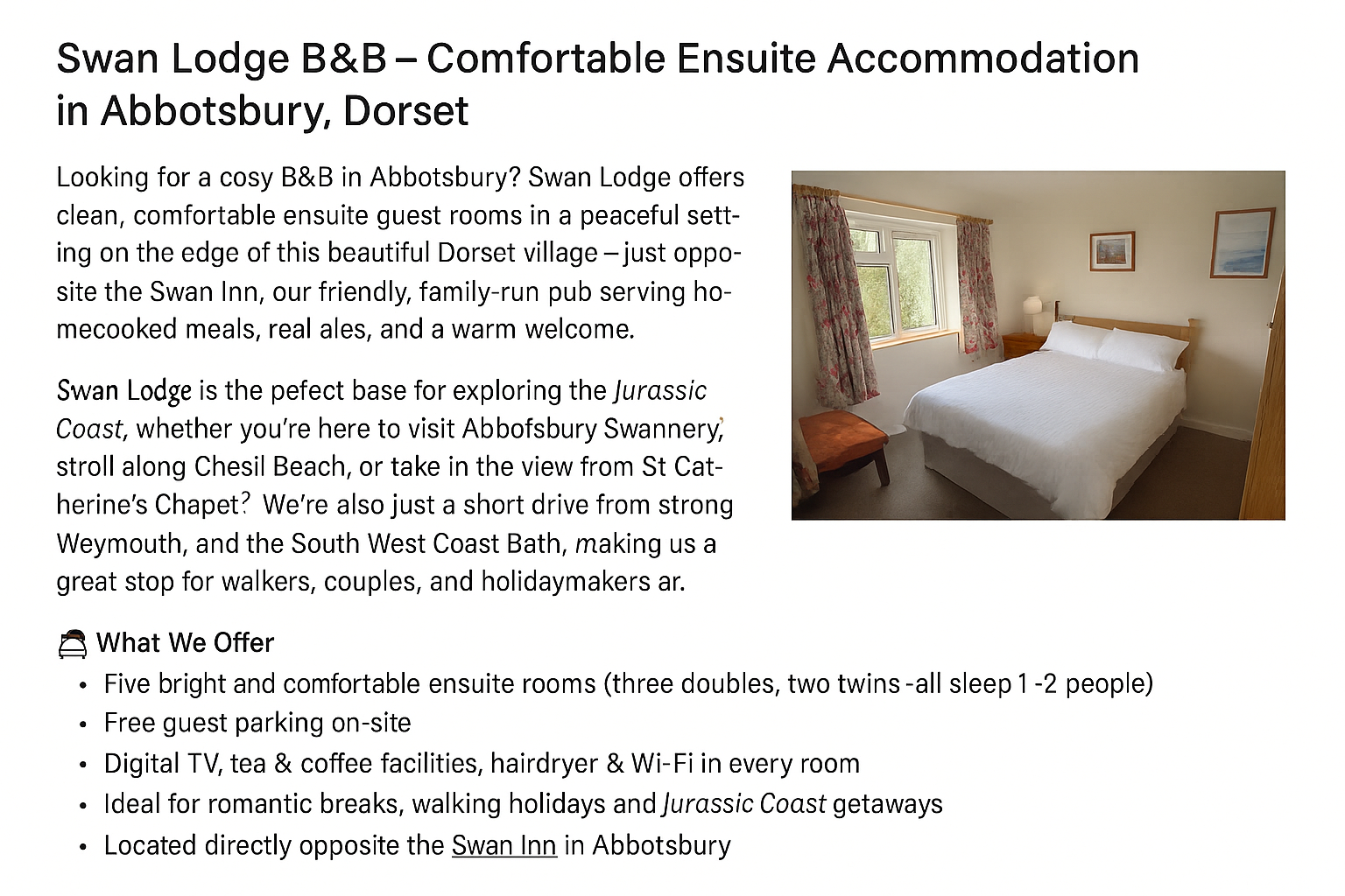 Swan Lodge B&B in Abbotsbury – ensuite guest accommodation near Jurassic Coast