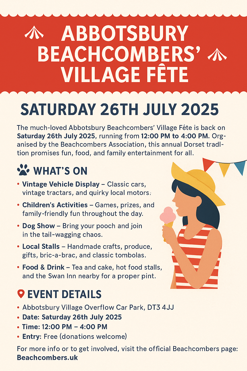 Promotional poster for the Abbotsbury Beachcombers’ Village Fête 2025, featuring event details, date, activities like vintage vehicles, dog show, local stalls, and family entertainment in Dorset.